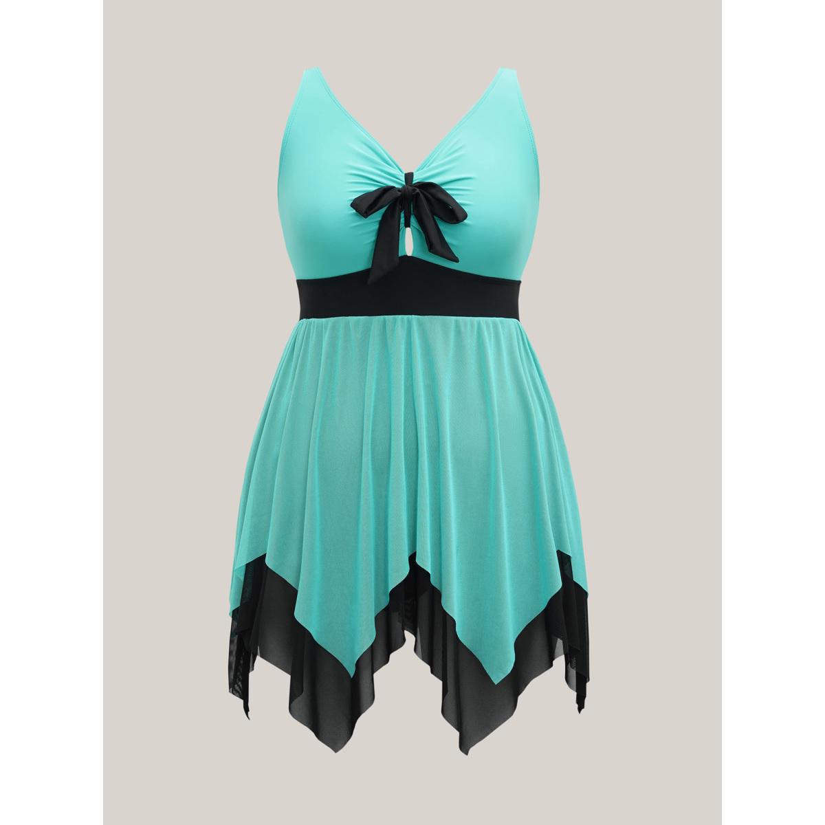 Plus Size Ruched Adjustable Bust Tie Swim Dress Women's Swimwear Turquoise Beach Bodycon U-neck High stretch Curve Swim Dresses BloomChic 26/4X Product Image