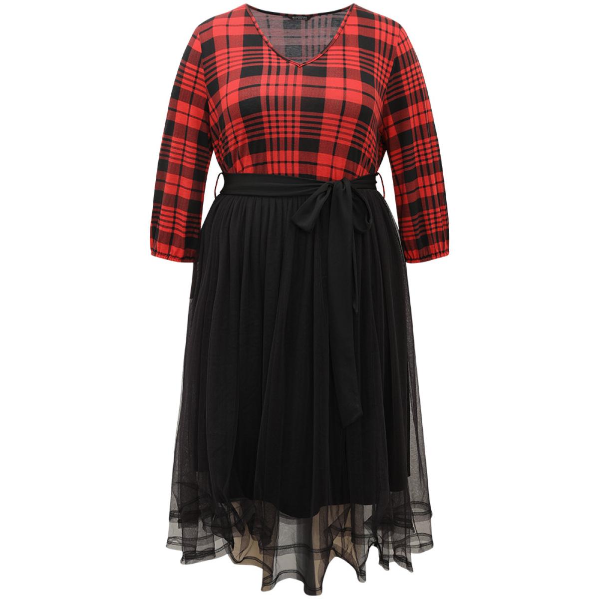 Plus Size Plaid Mesh Patchwork Elastic Waist Belted Dress Raspberry Women Glamour Elastic cuffs V-neck Long Sleeve Curvy Midi Dress BloomChic 12/L Product Image