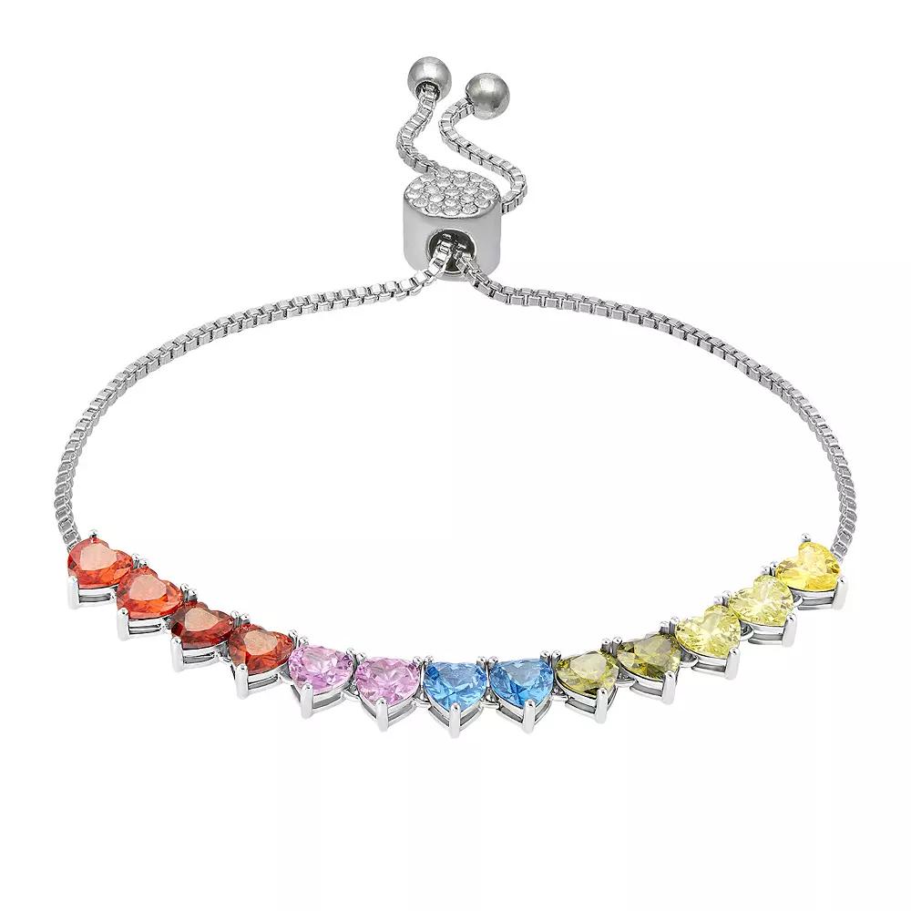 Brilliance Fine Silver Plated Multi-Color Cubic Zirconia Hearts Adjustable Bracelet, Women's, Size: 4-10" ADJ, Silver Tone Product Image