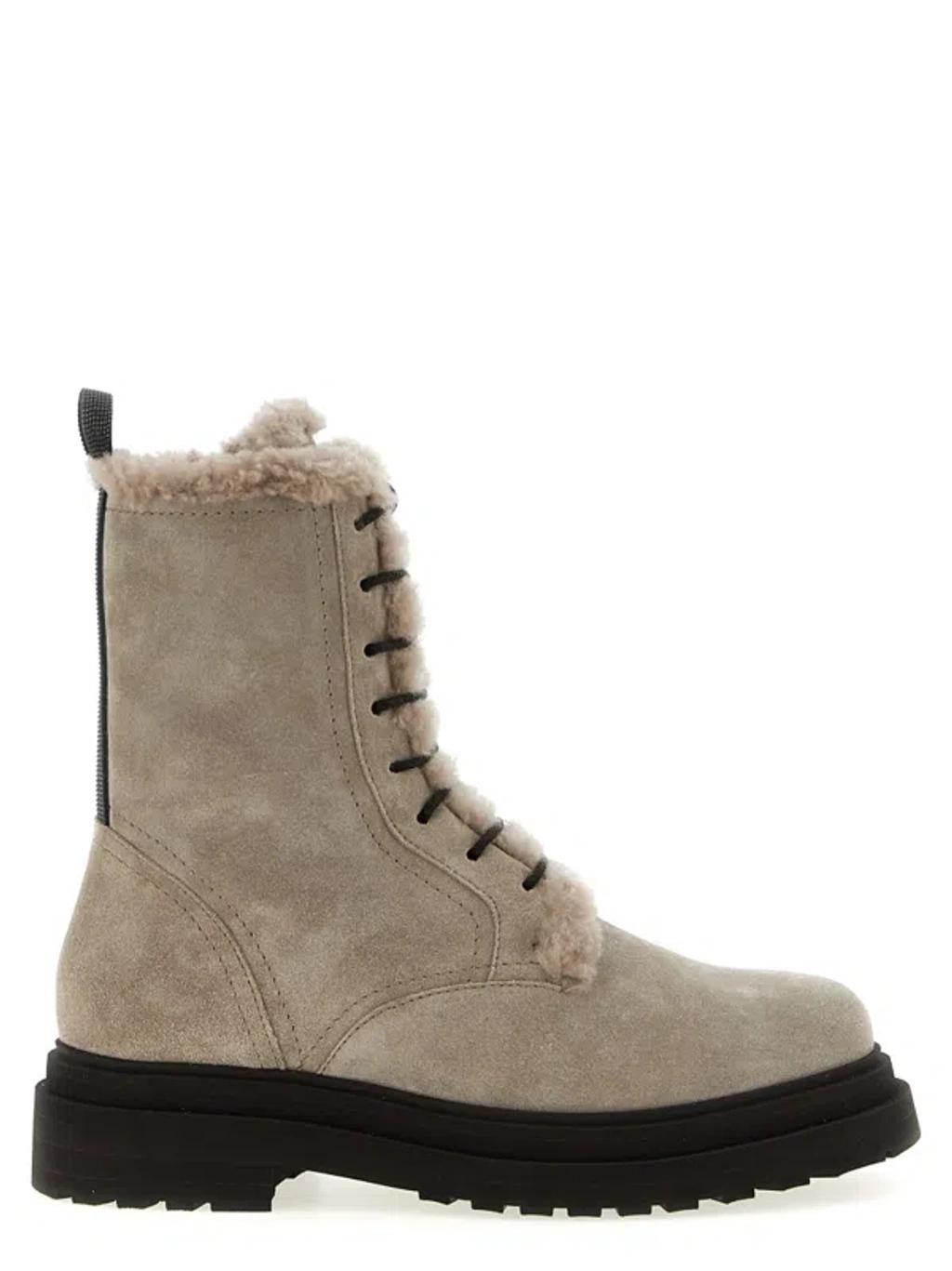 BRUNELLO CUCINELLI Chunky Sole Suede Combat Boots Monile In Neutral Product Image