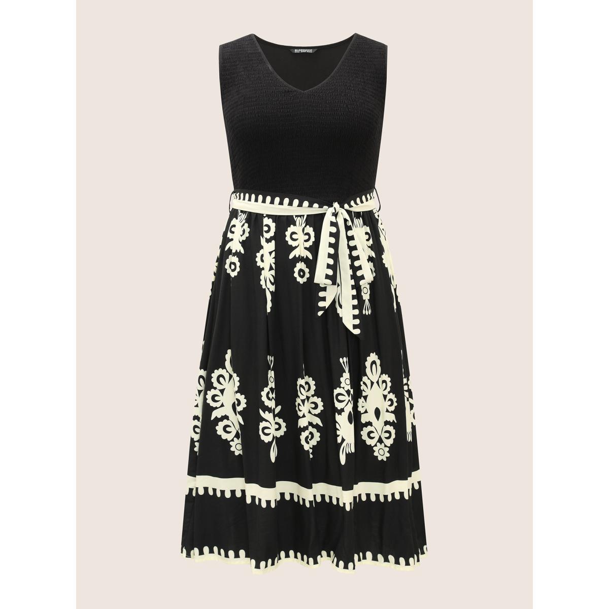 Plus Size Rayon Boho Print Shirred Belted Dress Black Women Resort Belted V-neck Sleeveless Curvy Midi Dress BloomChic 30/6X Product Image
