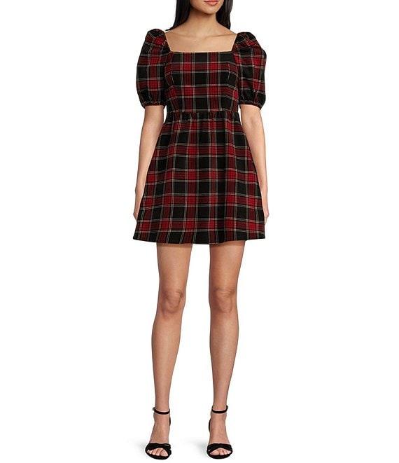 Copper Key Plaid Square Neck Puff Sleeve Dress Product Image