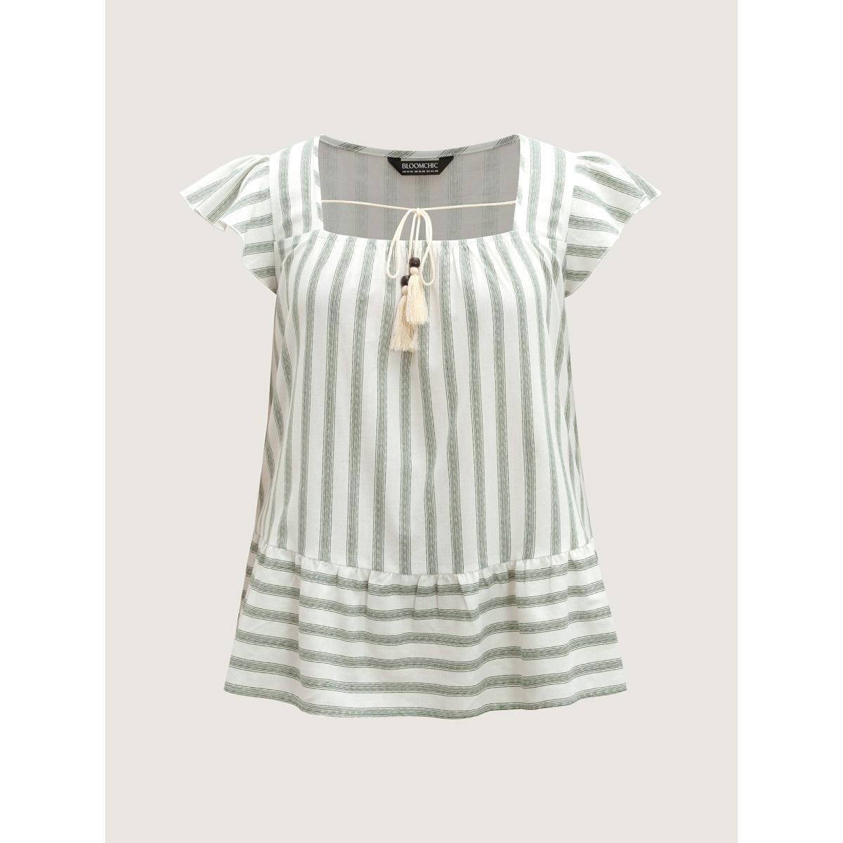 Plus Size Emerald Classic Stripes Square Neck Tassels Blouse Women Leisure Cap Sleeve Square Neck Casual Blouses BloomChic 26/4X Product Image