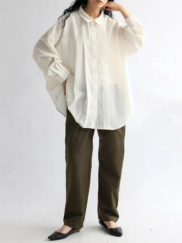 Long Sleeves Loose Buttoned Pleated Solid Color Lapel Blouses&Shirts Tops Product Image