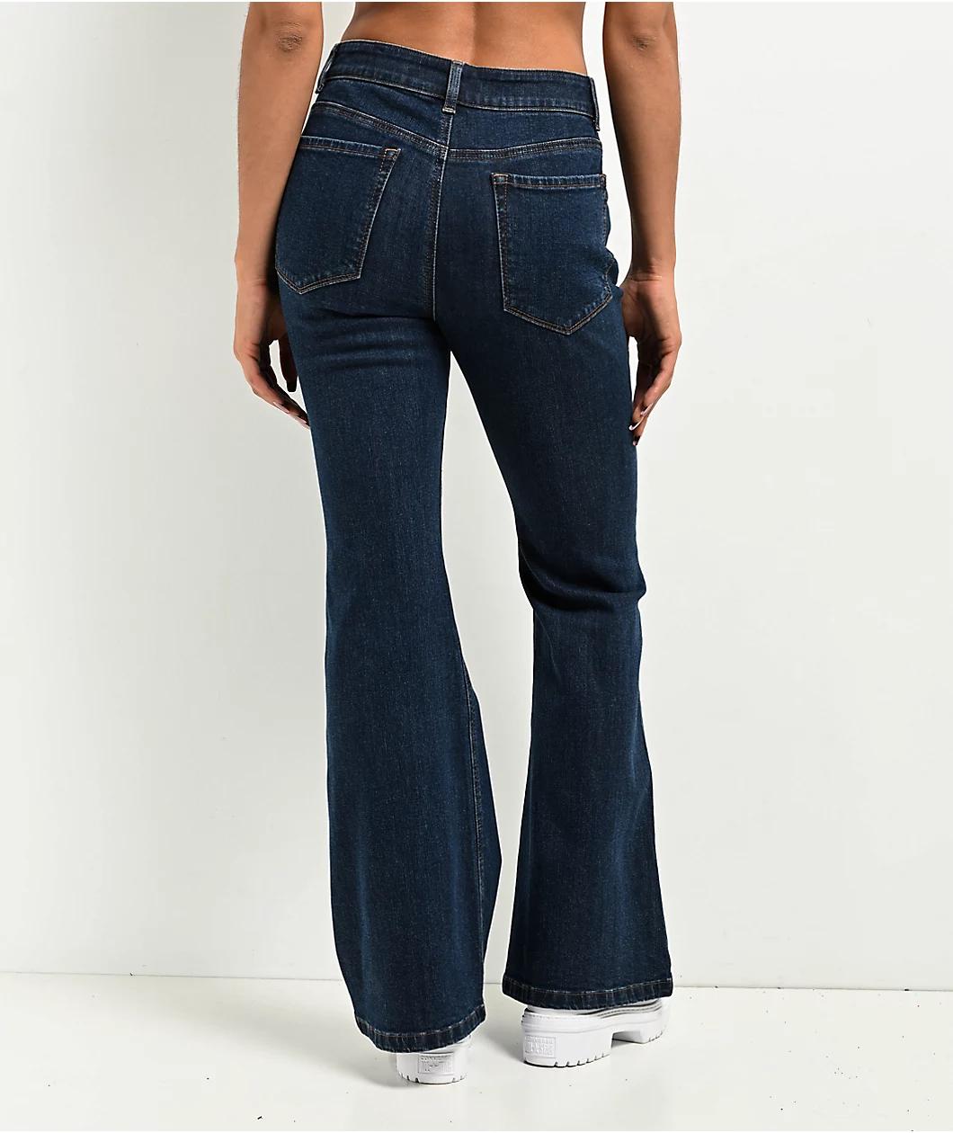 Empyre Glimmer Evening Dark Blue Wash Mid Rise Flare Jeans Product Image