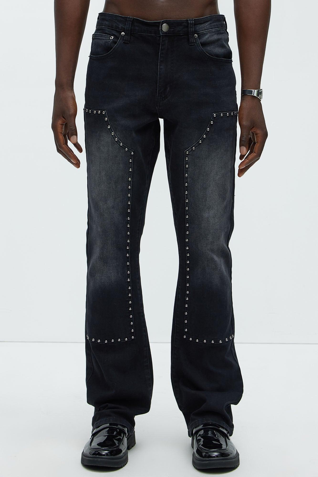 Rivetting Studded Stacked Slim Flare Jeans - Black Product Image