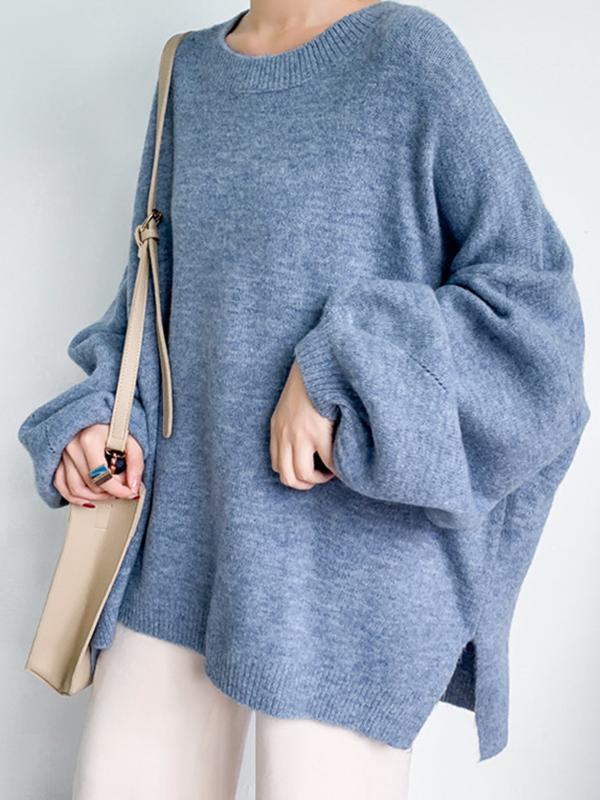 Stretch Mohair-Blend Balloon Sleeves Loose Solid Round-Neck Sweater Tops Product Image