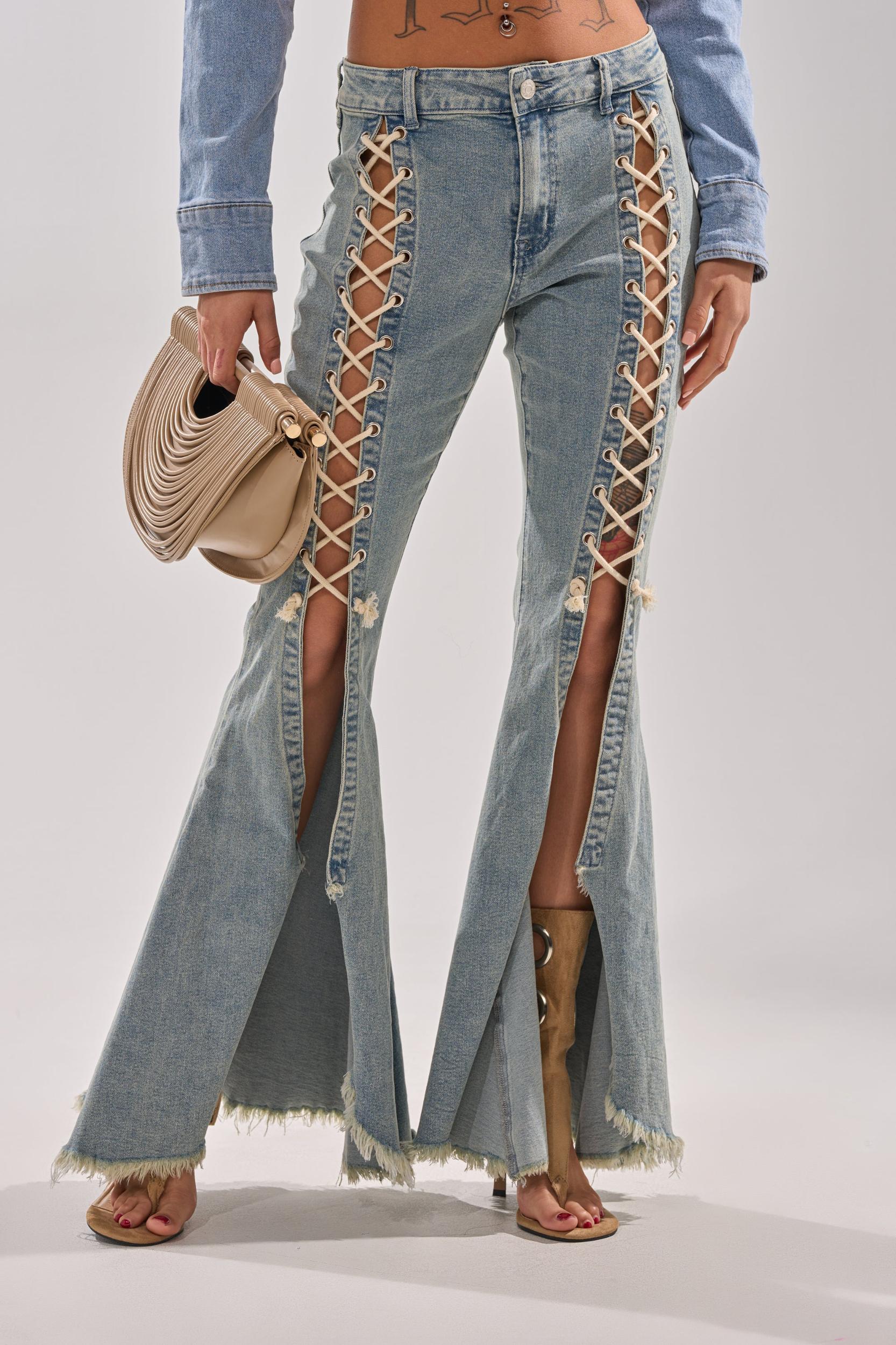 CRAZY ENOUGH LACE UP FLARE DENIM Product Image