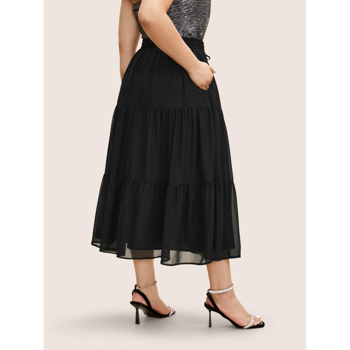 Plus Size Solid Tie Knot Elastic Waist Mesh Skirt Women Black Cocktail Tie knot No stretch Party Skirts BloomChic 18-20/2X Product Image
