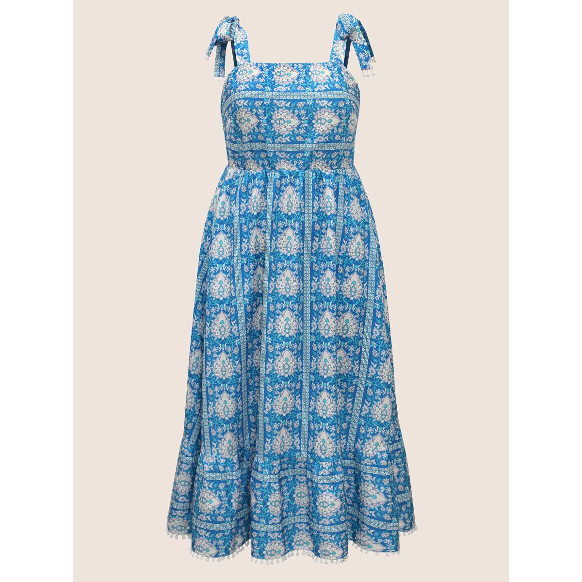 Plus Size Boho Print Tie Knot Pompom Trim Dress Cerulean Women Resort Woven ribbon&lace trim One-shoulder neck Sleeveless Curvy BloomChic 14-16/1X Product Image