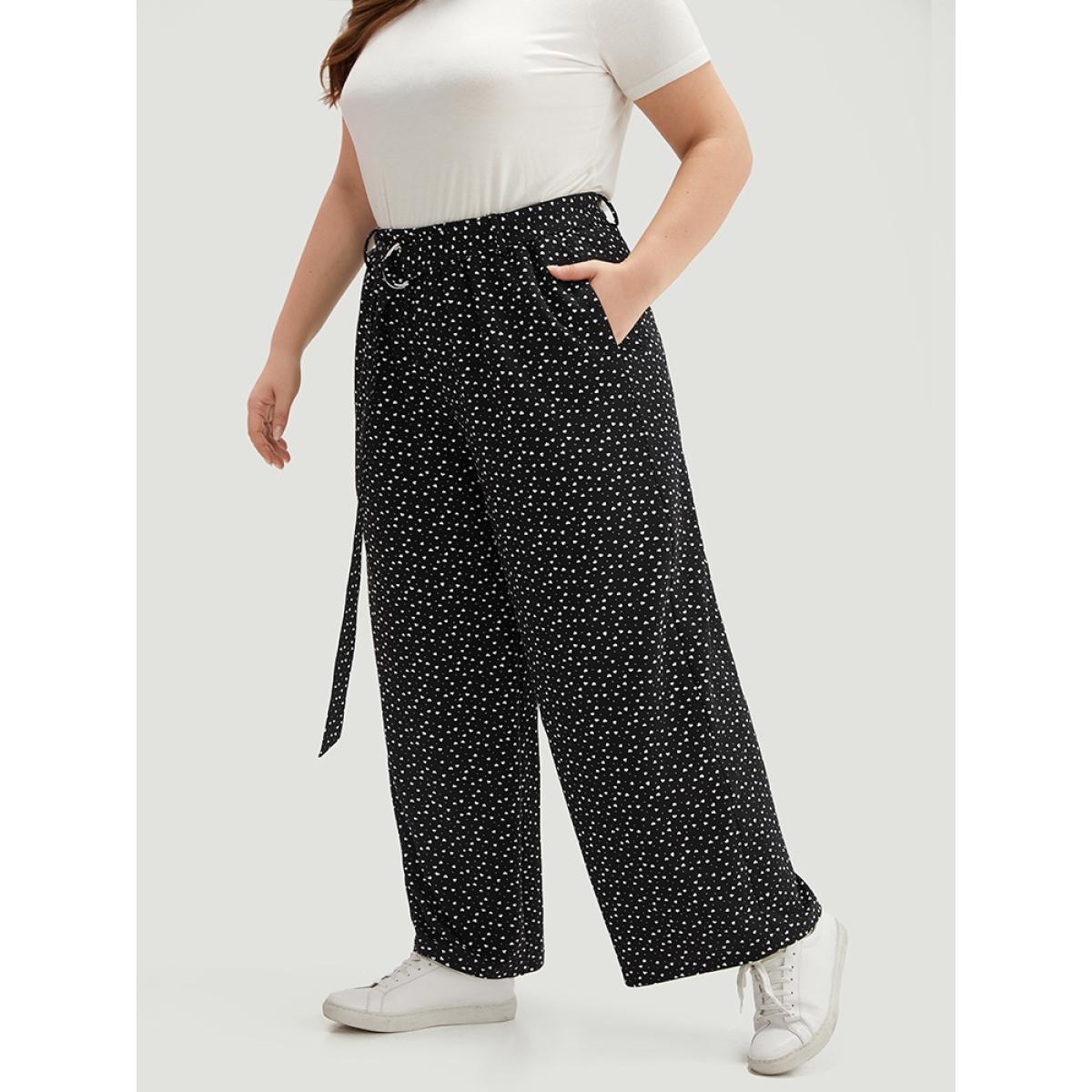 Plus Size Polka Dot Belted Metal Detail Pants Women Black Casual Wide Leg High Rise Dailywear Pants BloomChic 18-20/2X Product Image