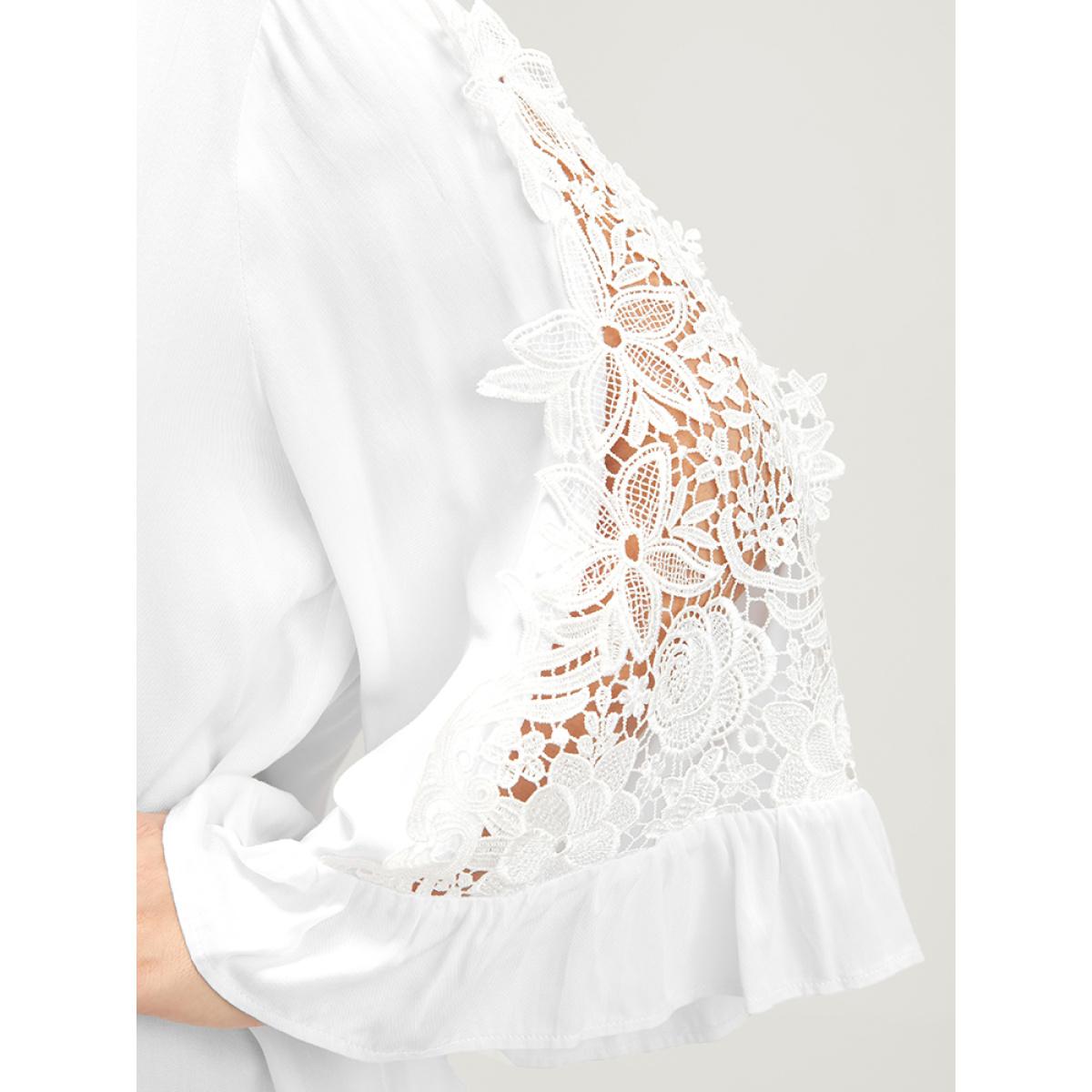 Plus Size White Solid Lace Flounce Sleeve V Neck Blouse Women Elegant Long Sleeve V-neck Dailywear Blouses BloomChic 28/5X Product Image