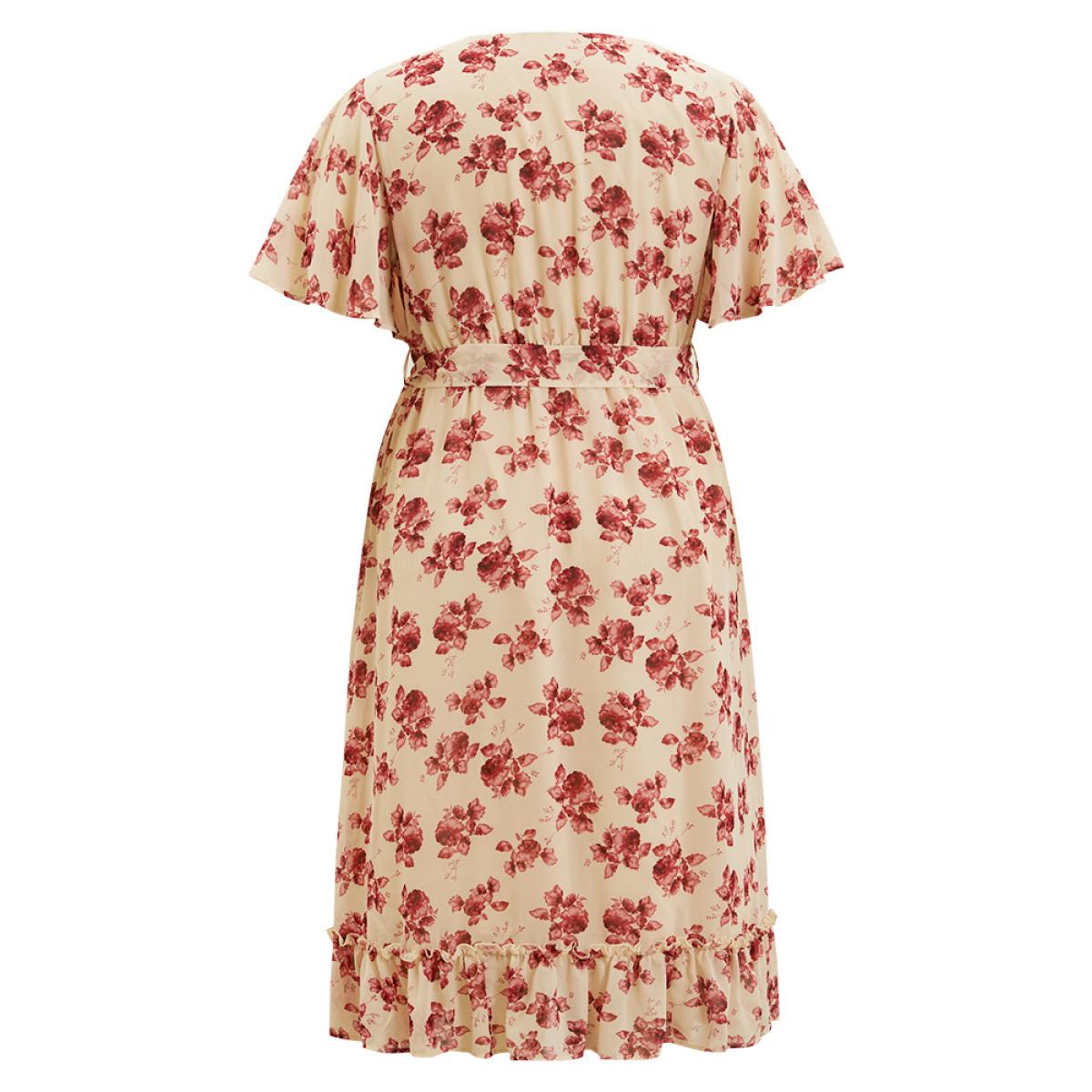 Plus Size Floral Print Pearl Beaded Pocket Belt Ruffle Hem Dress DustyPink Women Elegant Lined V-neck Short sleeve Curvy Midi Dress BloomChic 12/L Product Image