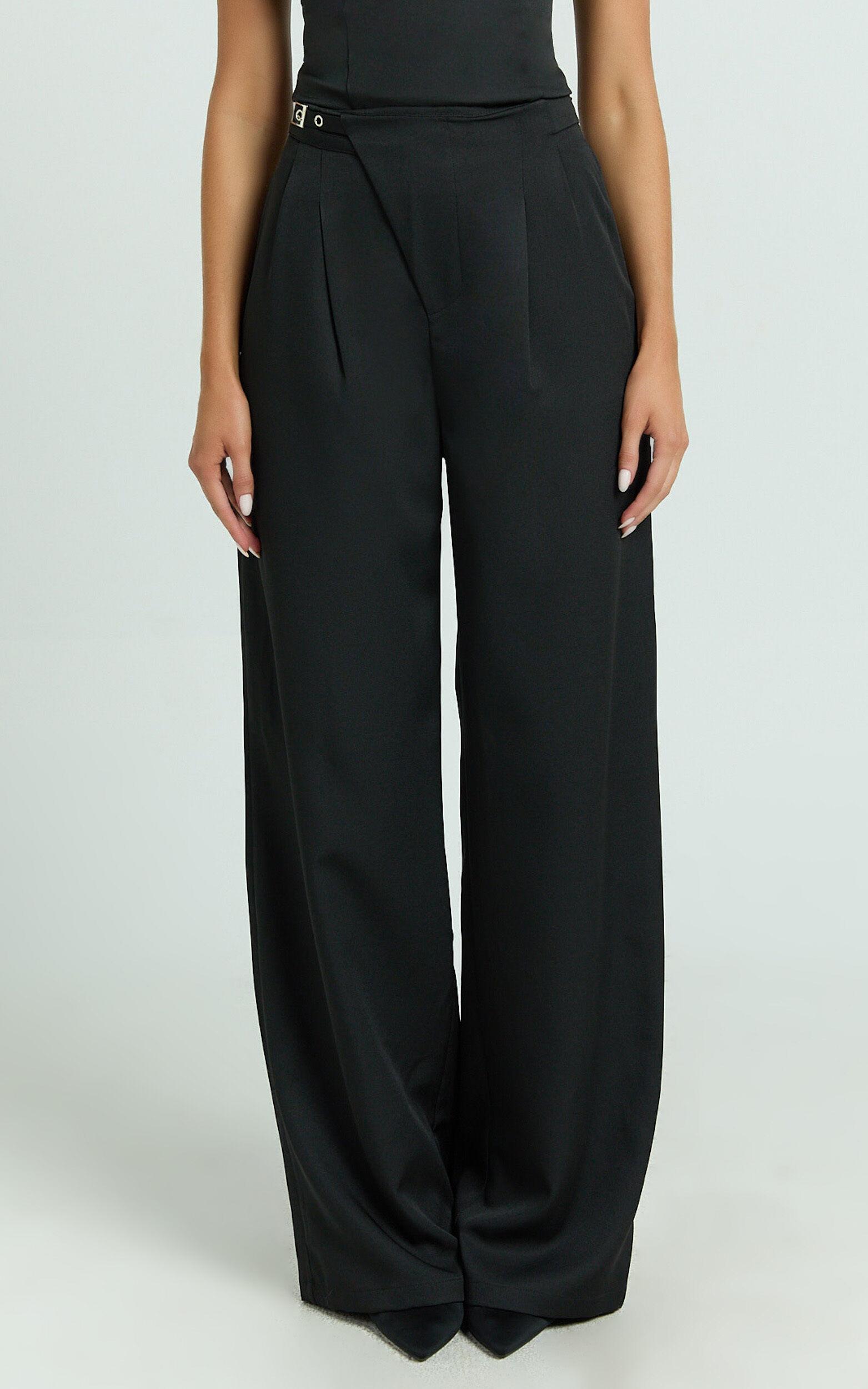 Luciana Pants - High Waist Crossover Belted Straight Leg Tailored Pants in Black Product Image