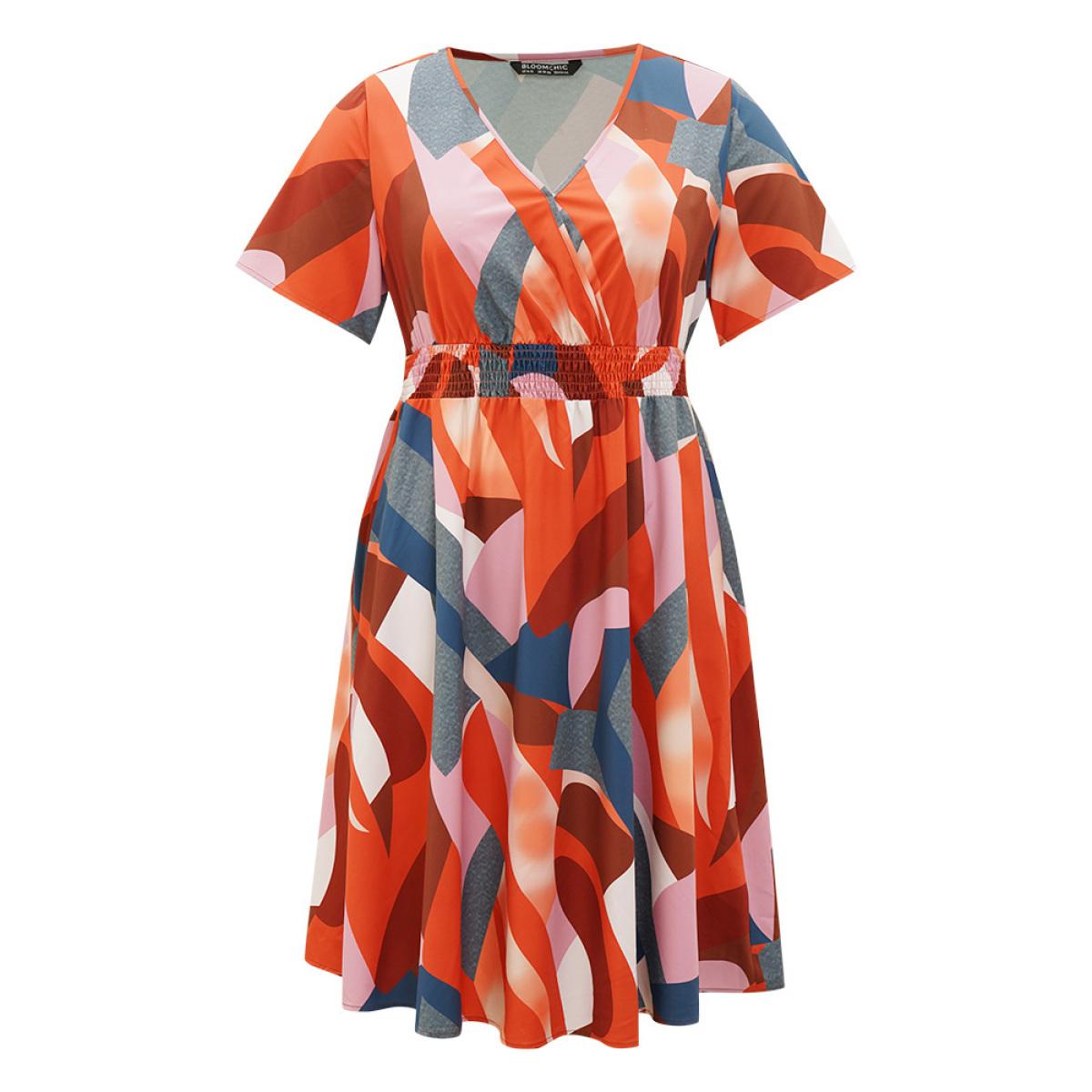 Plus Size Colour Geometric Contrast Shirred Ruffles Elastic Waist Dress Multicolor Women Vacation Elastic Waist V-neck Short sleeve Curvy Midi Dress BloomChic 18-20/2X Product Image