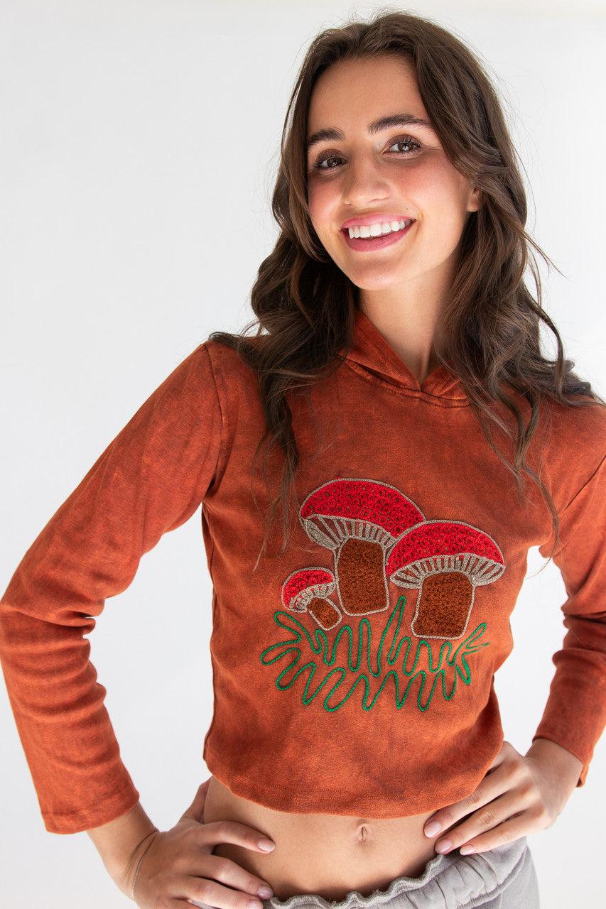 Embroidered Mushroom Mineral Wash Crop Hoodie Product Image