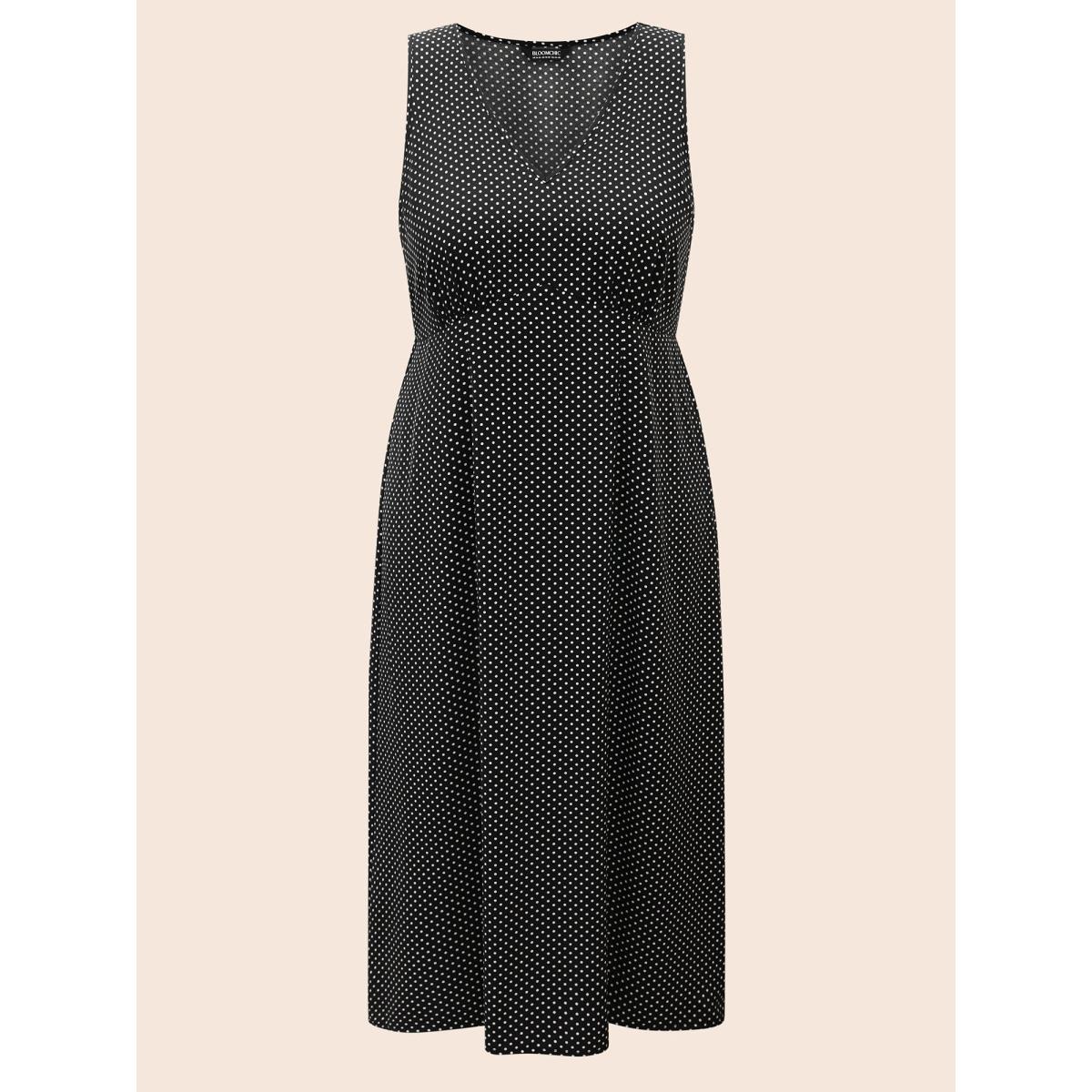 Plus Size V Neck Polka Dot Midi Dress Black Women Elegant Gathered V-neck Sleeveless Curvy BloomChic 12/L Product Image