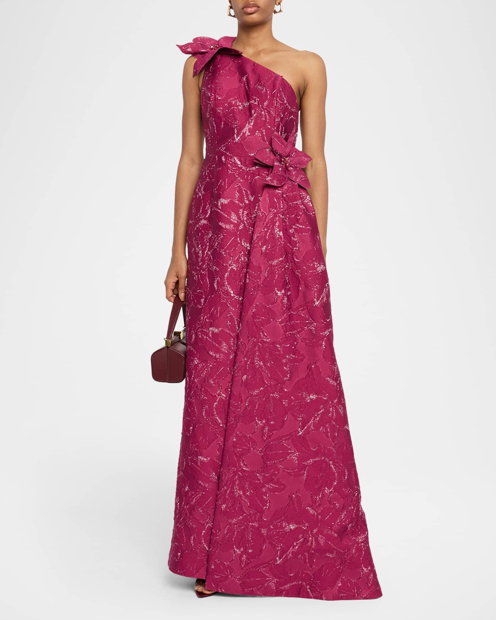 Draped One-Shoulder Floral Jacquard Gown Product Image