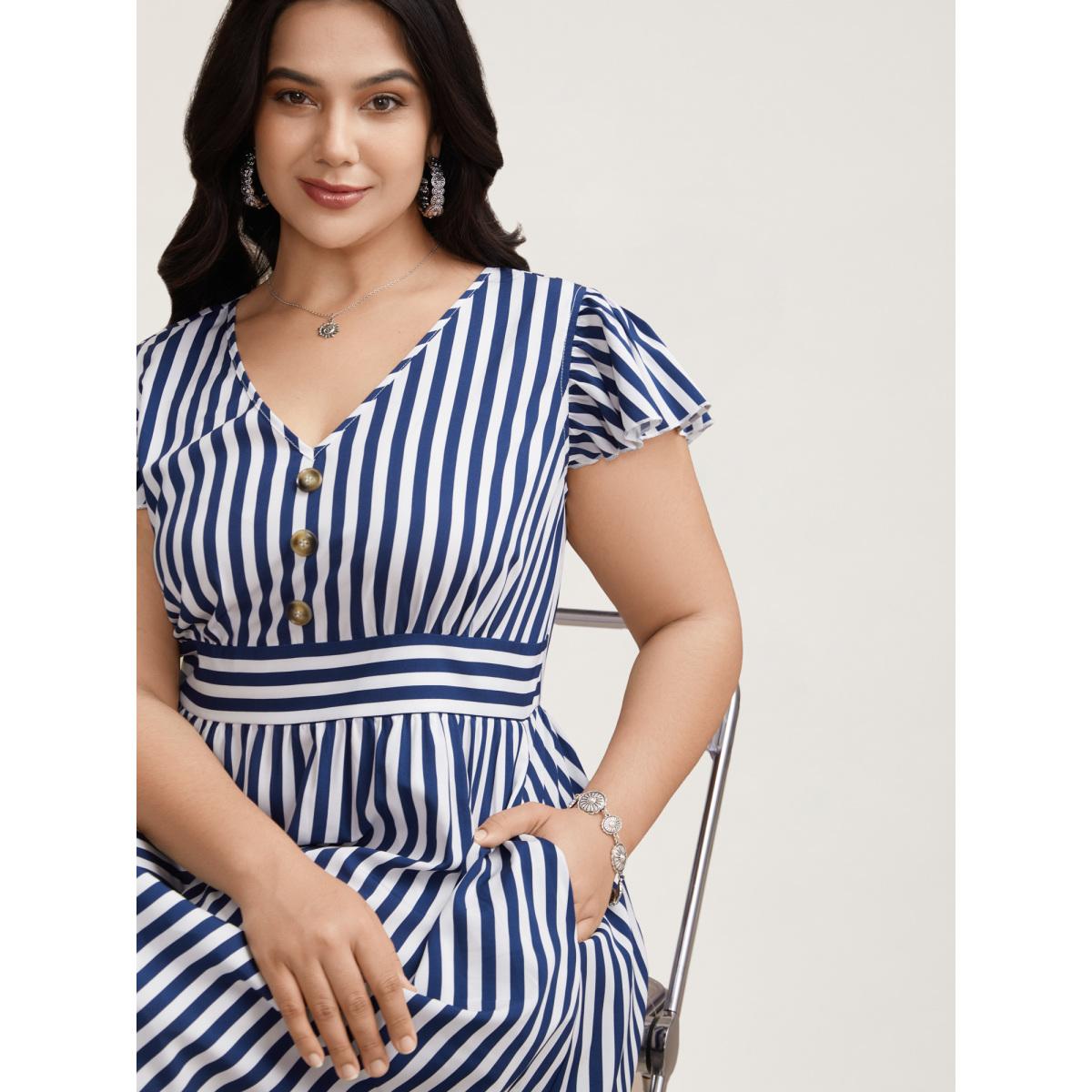 Plus Size Nautical Stripes Stretchy Waist Tiered Midi Dress Navy Women Resort Button V-neck Cap Sleeve Curvy BloomChic 22-24/3X Product Image