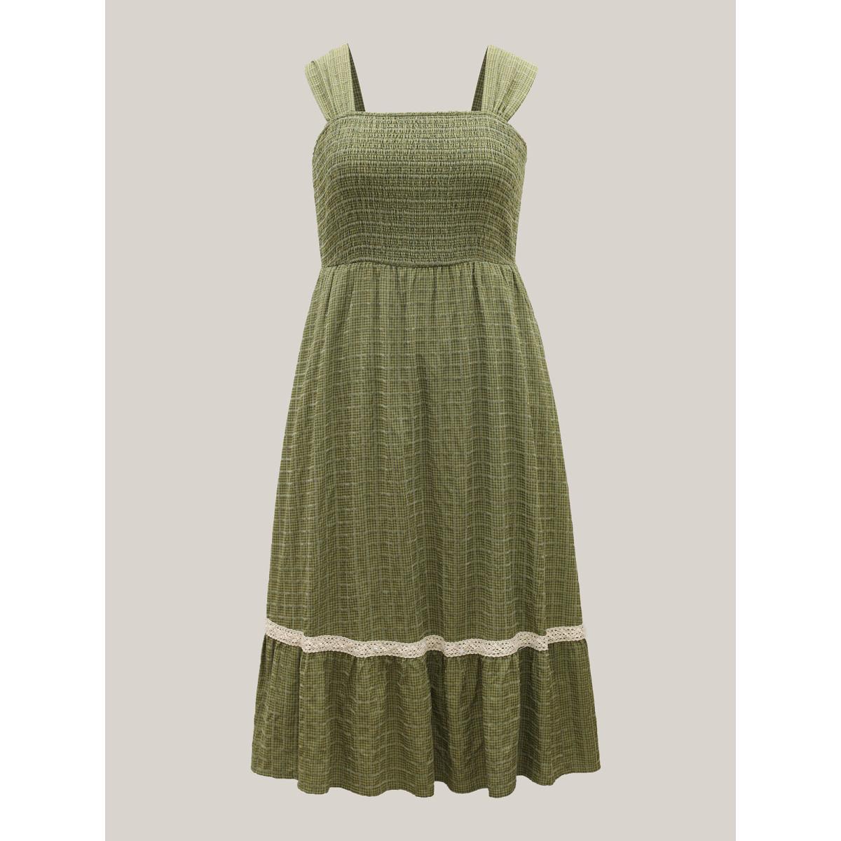 Plus Size Plaid Shirred Lace Trim Tiered Maxi Dress Moss Women Leisure Square Neck Cap Sleeve Curvy BloomChic 10/M Product Image