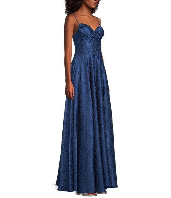 B. Darlin Sleeveless Satin Jacquard Sweetheart Neck Bustier Front Slit Gown Product Image
