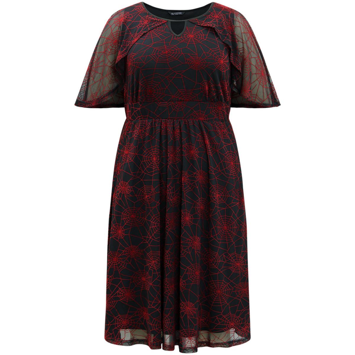 Plus Size Halloween Spider Web Pattern Keyhole Dress Black Women Party Gathered Notched collar Half Sleeve Curvy Midi Dress BloomChic 26/4X Product Image