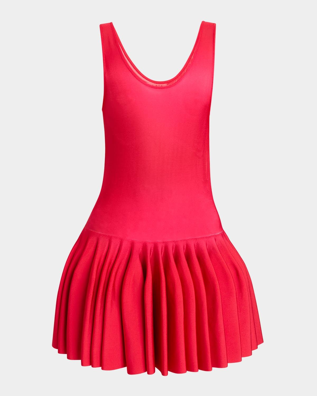 ALAÏA Sleeveless Drop-waist Flared Skirt Mini Dress In Rouge Product Image