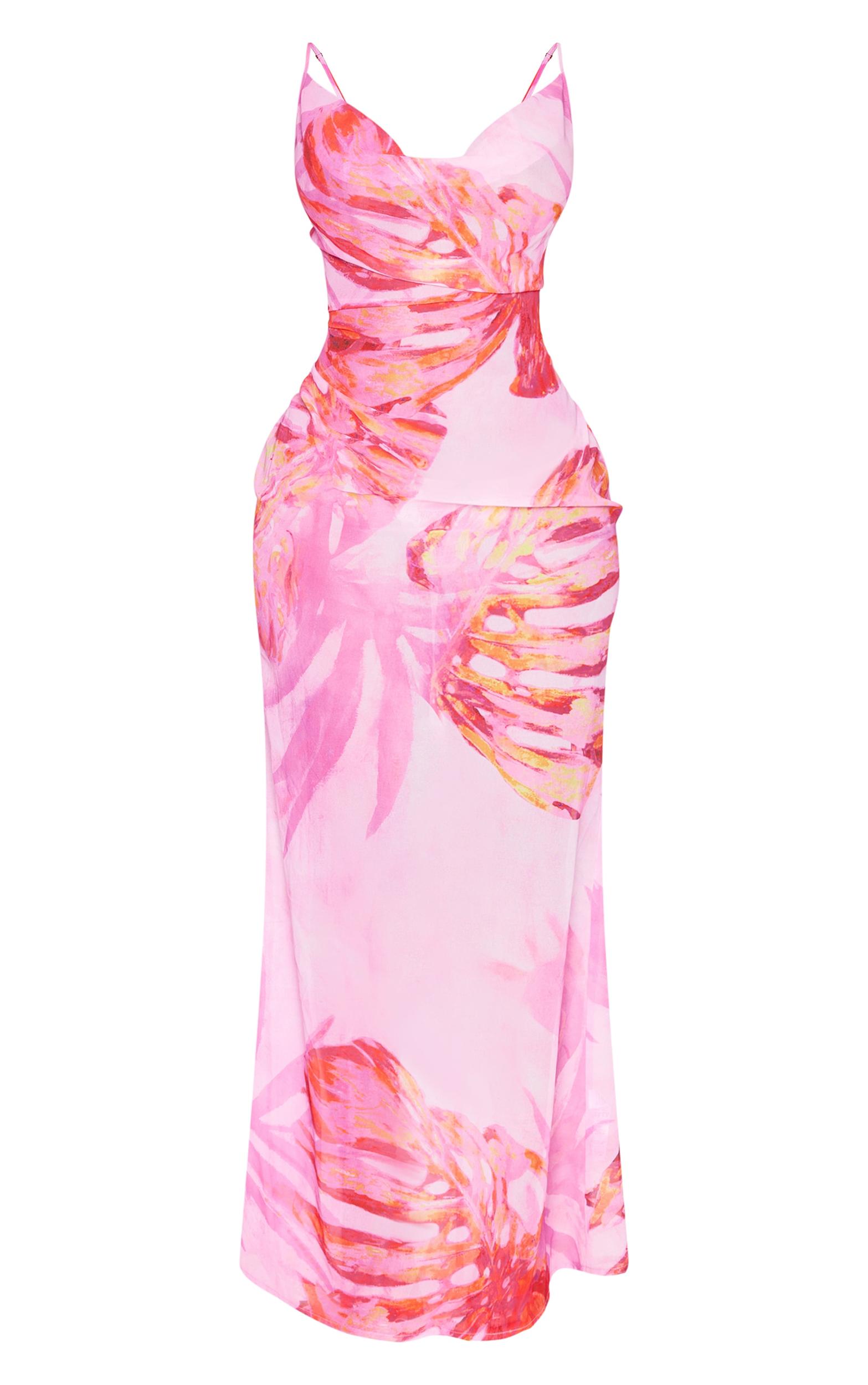 Shape Pink Tropical Print Strappy Cowl Neck Maxi Dress Product Image