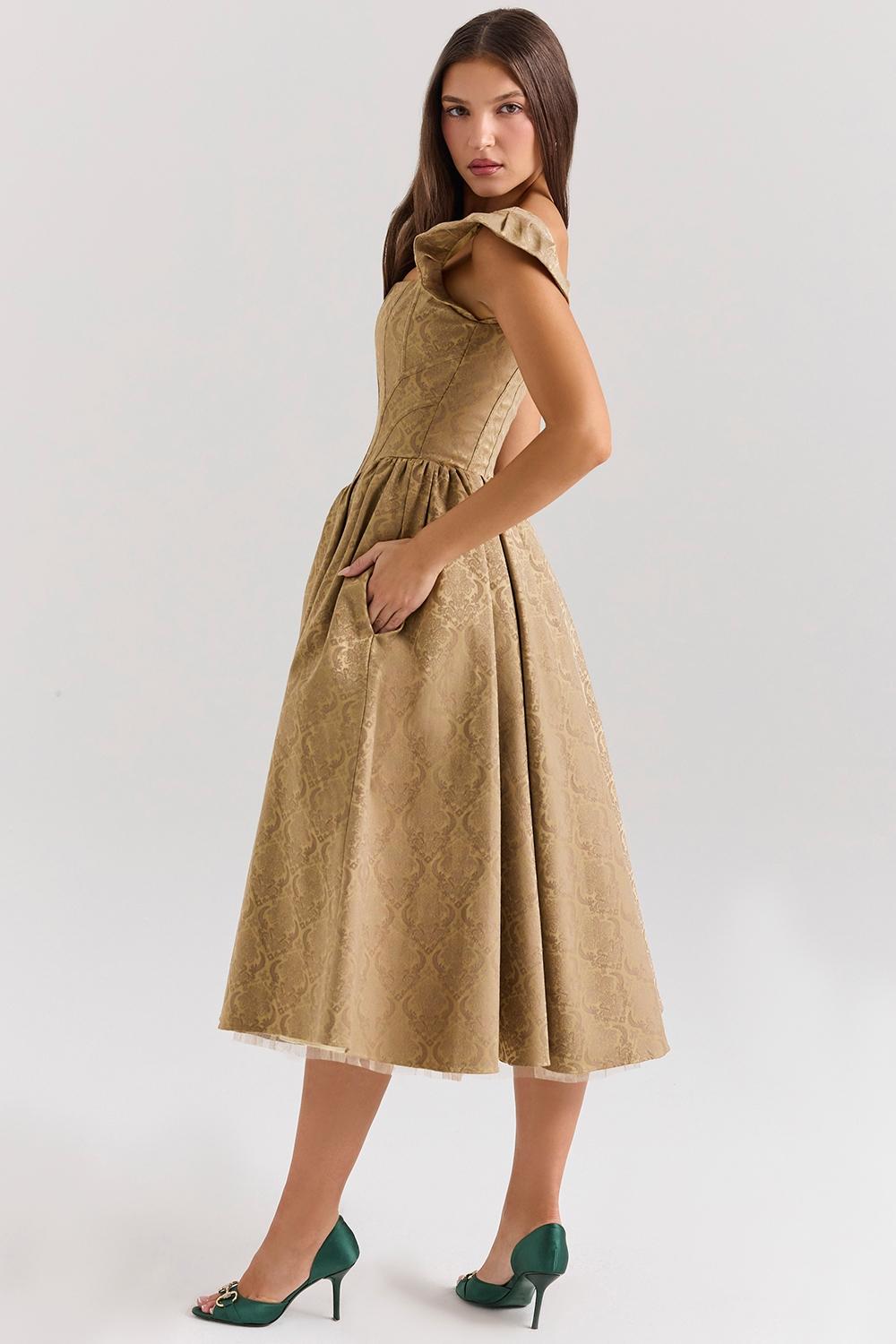 Alessandra  gold jacquard midi dress with detachable bow - sale Product Image