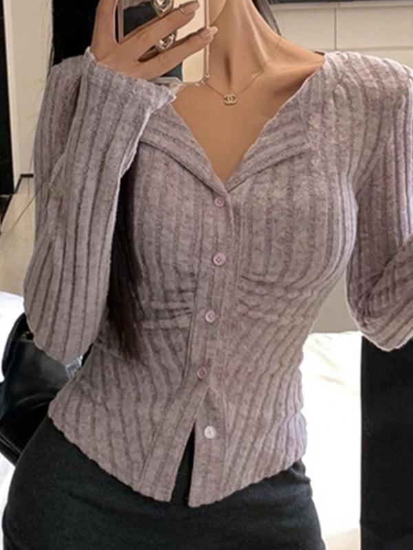 Lapel Neck Ruched Slim Long Sleeve Knit Product Image