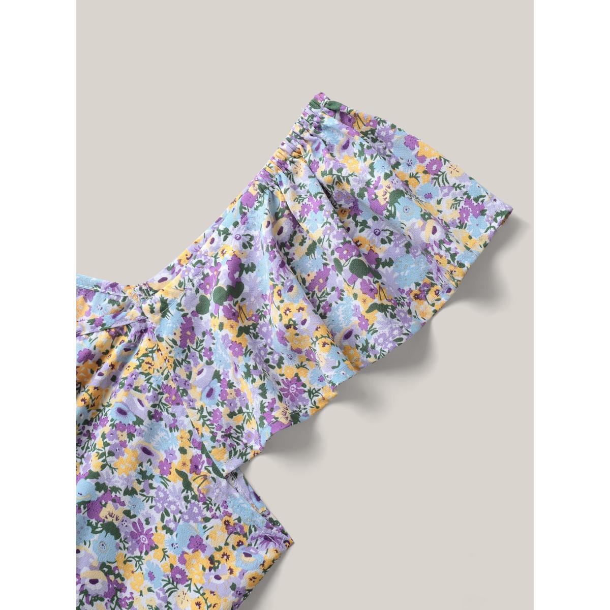 Plus Size Ditsy Floral Print Neck Tie Midi Dress Lilac Women Timeless Heart neckline Cap Sleeve Curvy BloomChic 26/4X Product Image