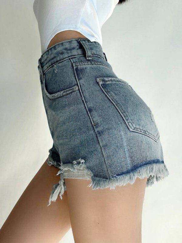 Raw Hem Distressed Denim Shorts Product Image