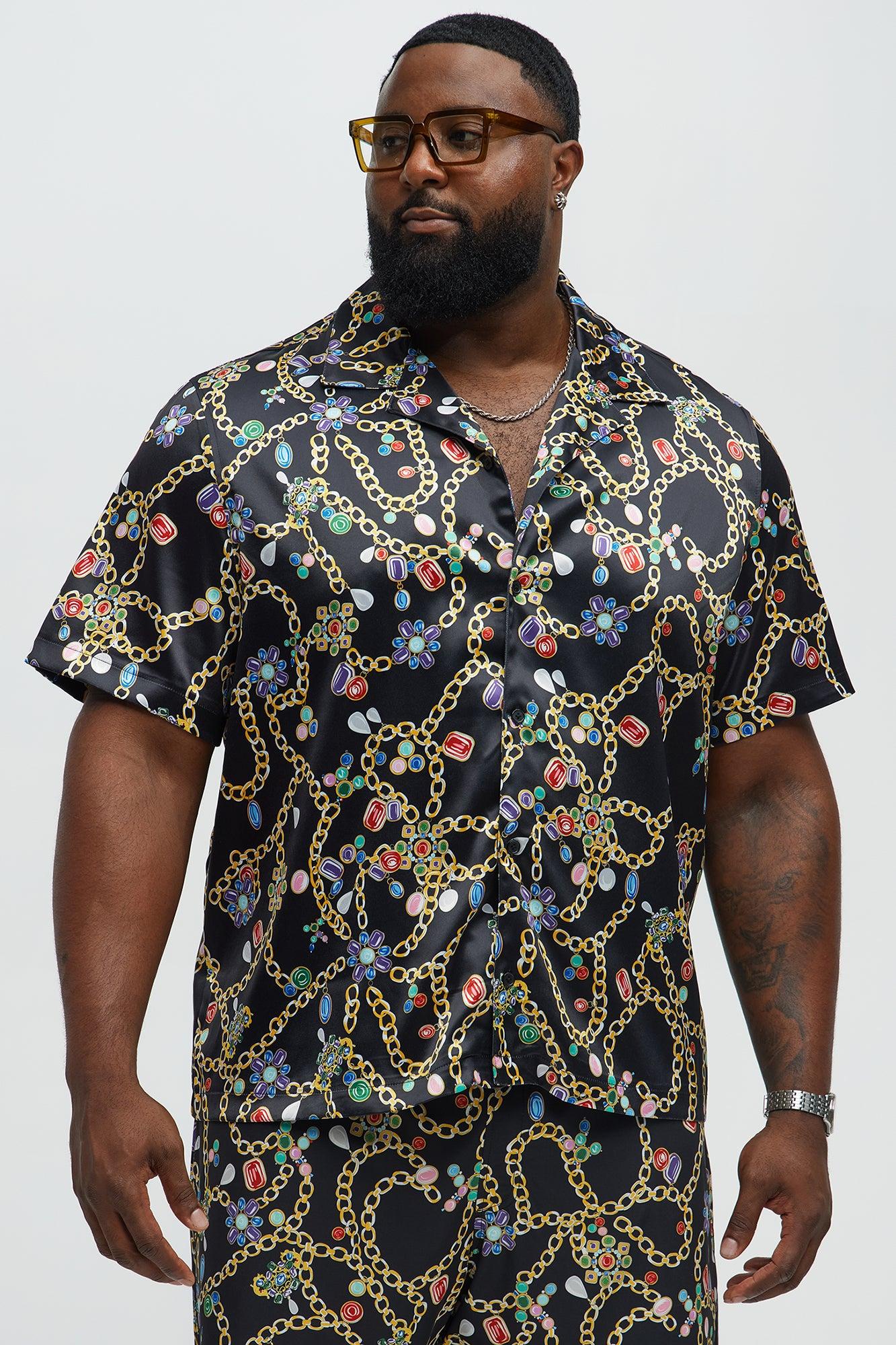 Tidal Jewel Printed Cuban Collar Button Up Shirt - Black/combo Product Image