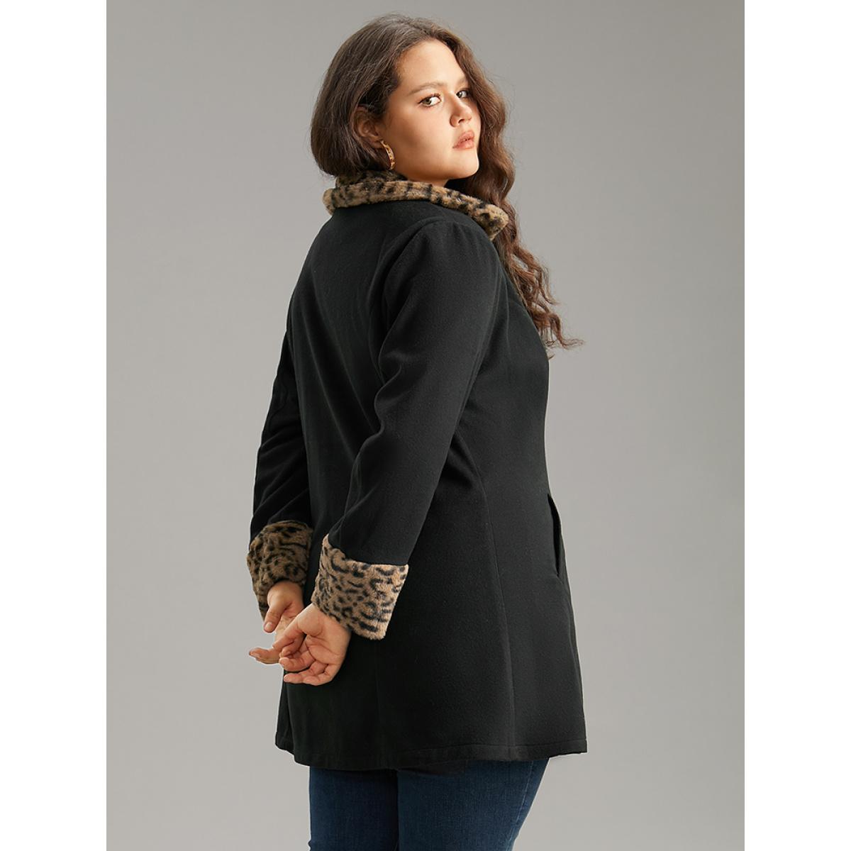 Plus Size Leopard Patchwork Fuzzy Trim Zipper Coat Women Black Casual Contrast Ladies Dailywear Winter Coats BloomChic 30/6X Product Image