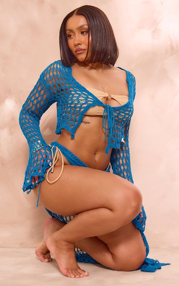 Shape Bright Blue Knit Tie Front Long Sleeve Top Product Image