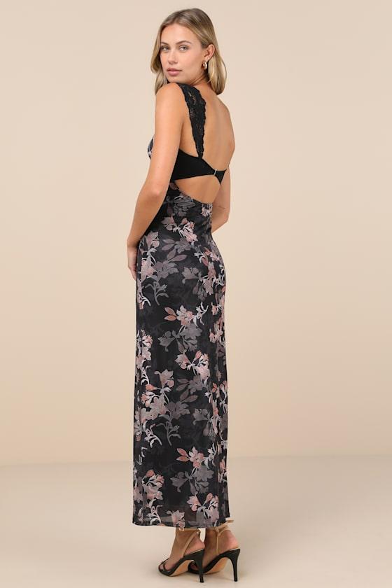 Endlessly Cute Black Floral Mesh Cutout Lace Bustier Maxi Dress Product Image