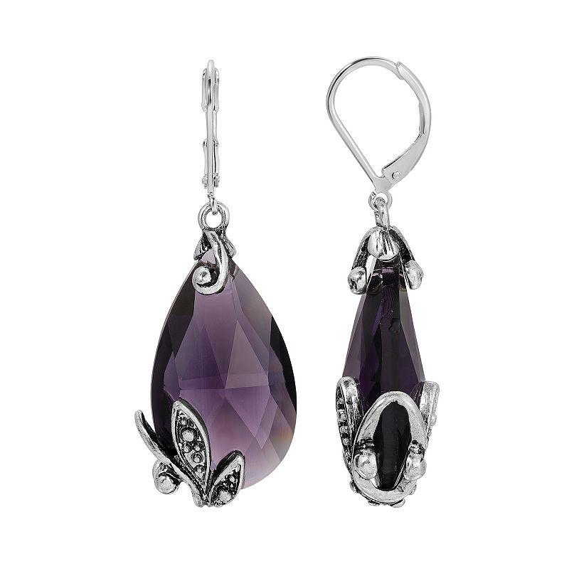 1928 Silver Tone Glass Crystal Teardrop Leverback Earrings, Women's, Purple Product Image