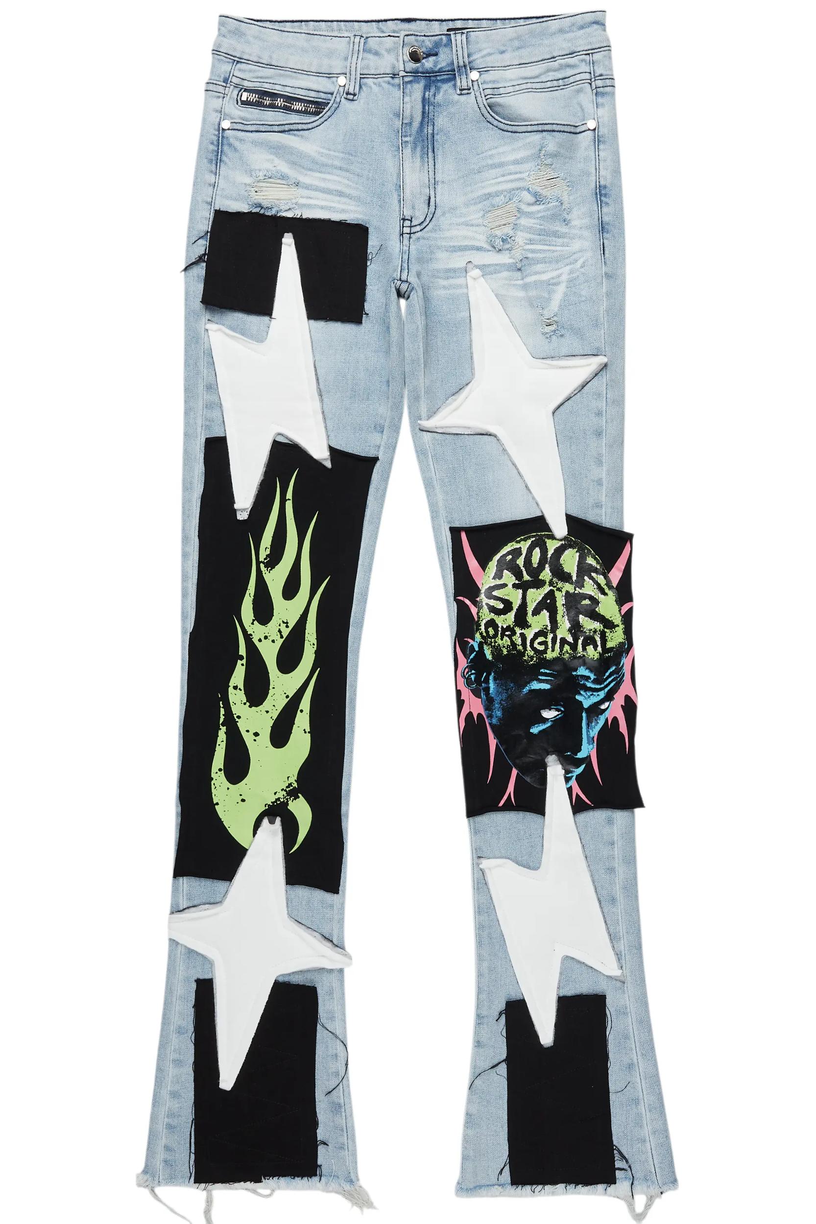 Edgar Blue Patchwork Stacked Flare Jean Male Product Image