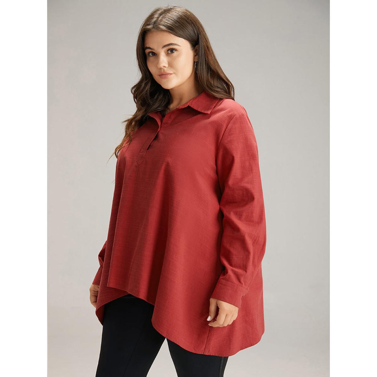 Plus Size Scarlet Cotton Curved Hem Button Down Blouse Women Office Long Sleeve Shirt collar Office Blouses BloomChic 10/M Product Image