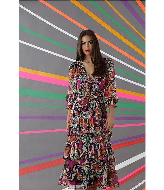 Donna Morgan Printed V Neckline Long Sleeve Tiered Midi Dress Product Image