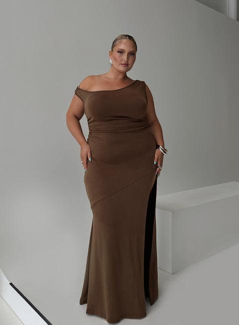 Rios One Shoulder Maxi Dress Brown Curve Product Image