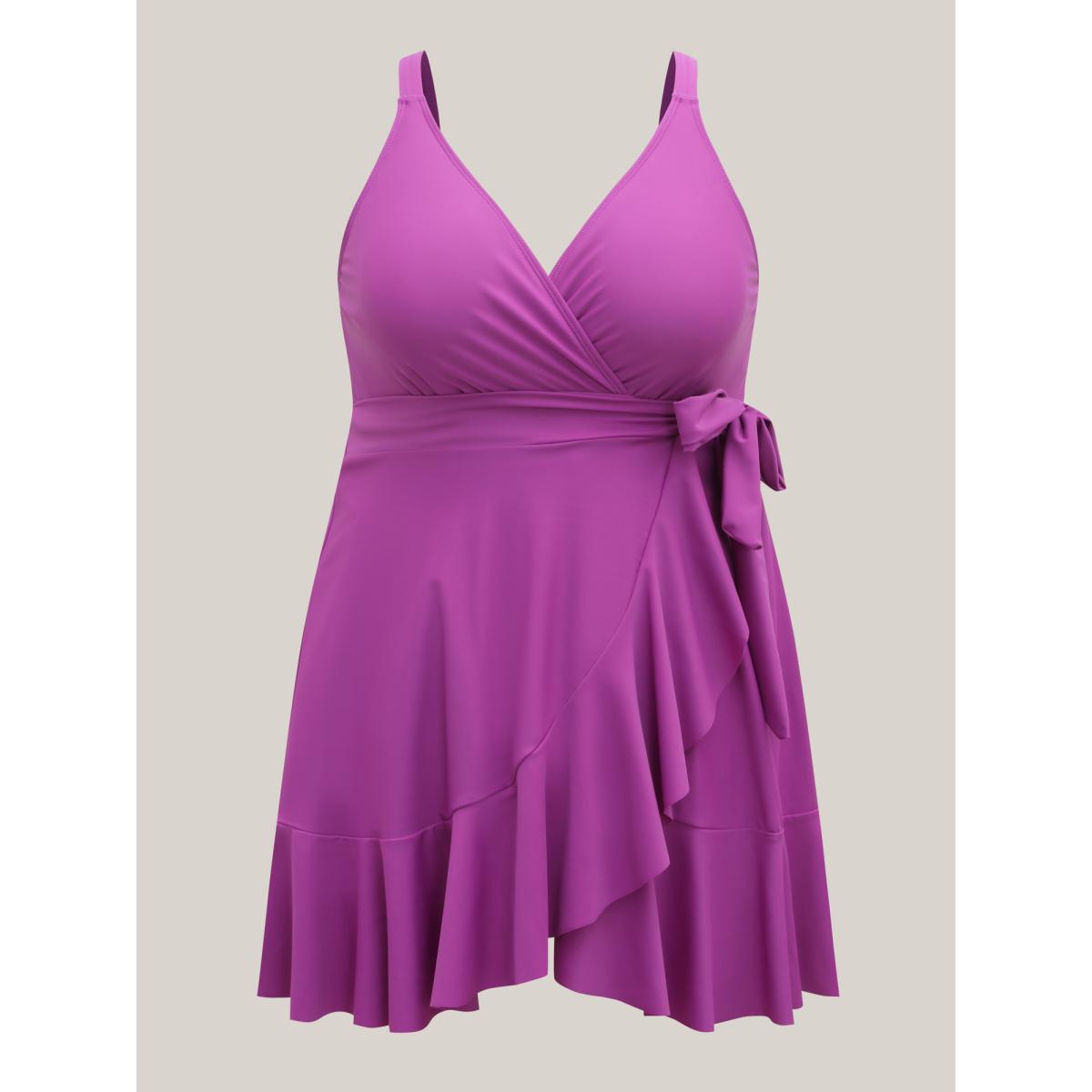 Plus Size Flared Hem Waist-Tie Surplice Swim Dress Women's Swimwear Deeppurplered Beach Bodycon Overlap Collar High stretch Curve Swim Dresses BloomChic 26/4X Product Image