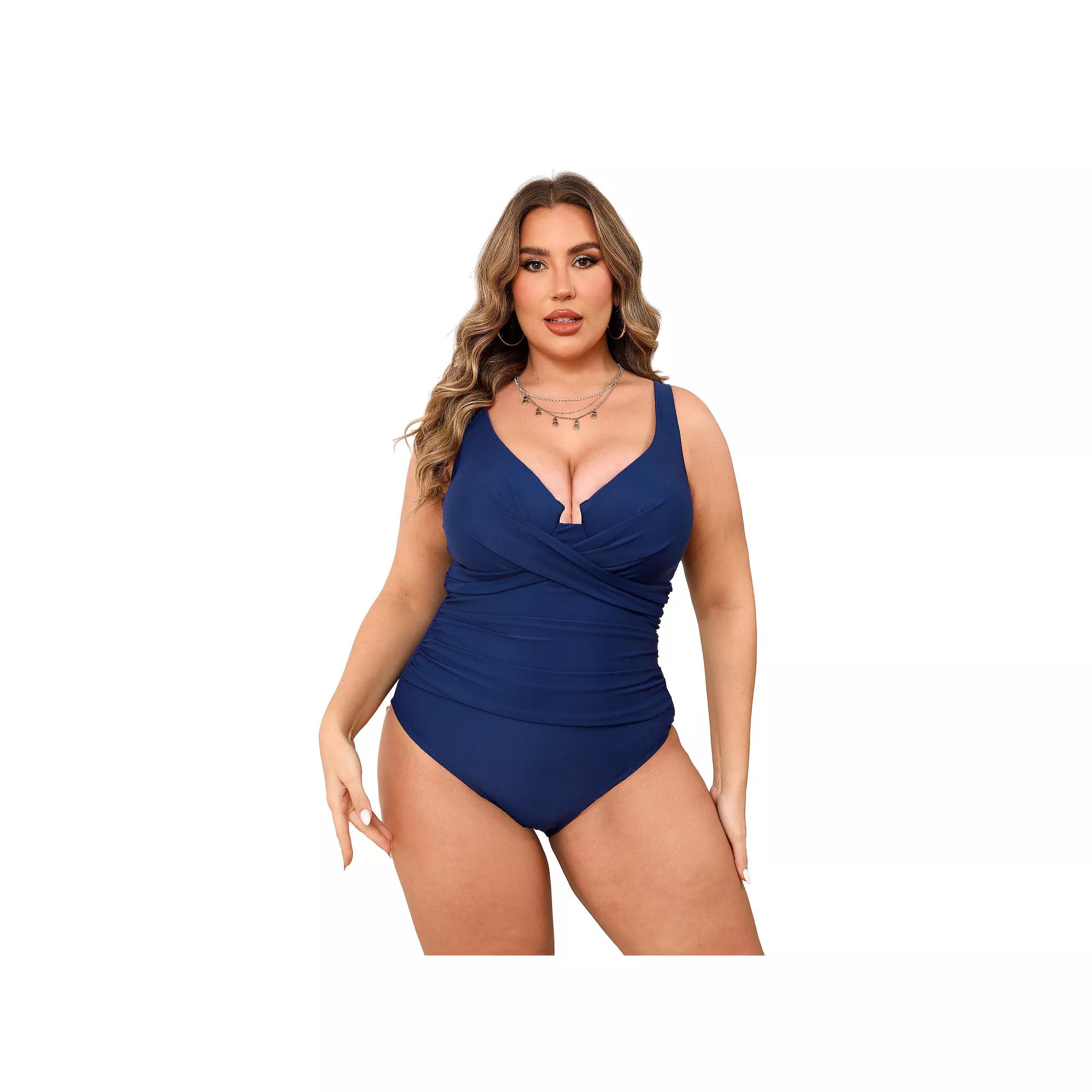 Plus Size Cupshe Ruched Wrapped Hidden Underwire One-Piece Swimsuit, Women's, Size: 1XL, Blue Product Image