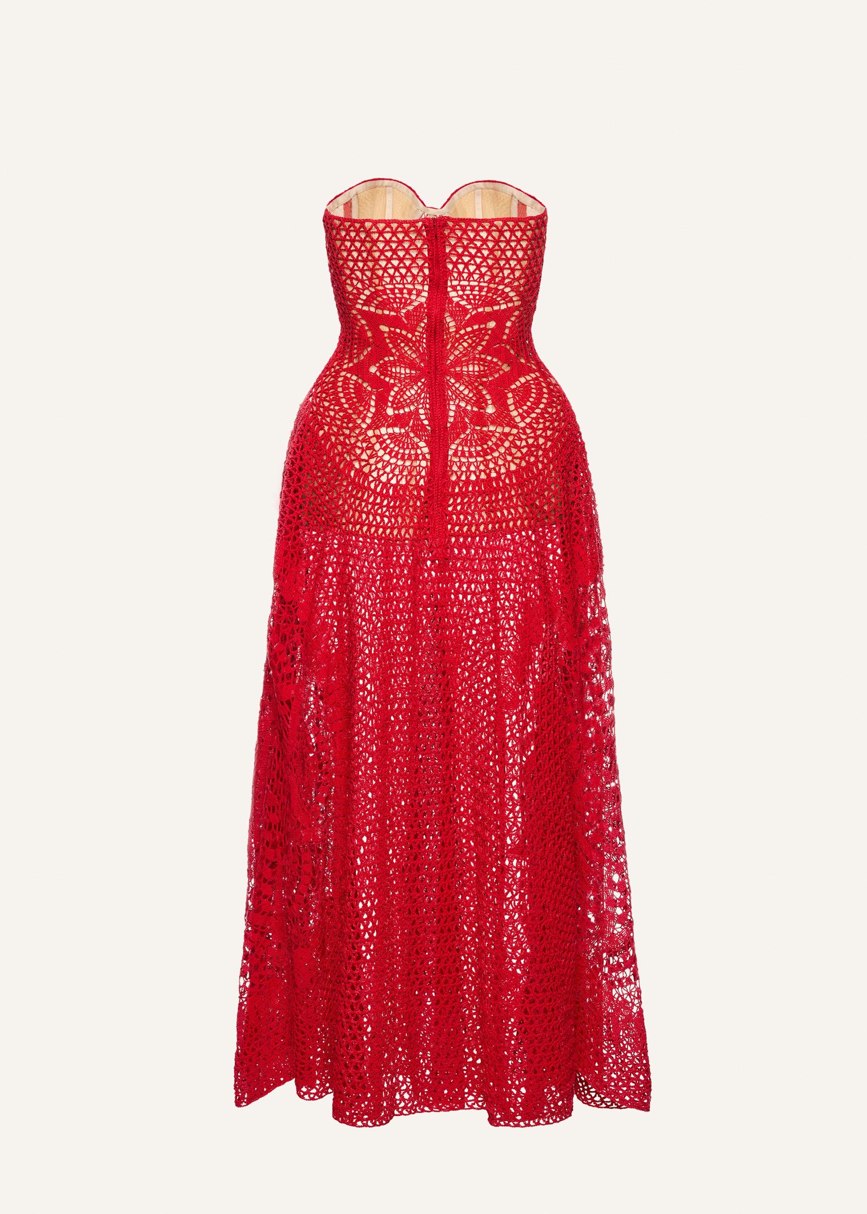 Crochet bustier midi dress in red Product Image
