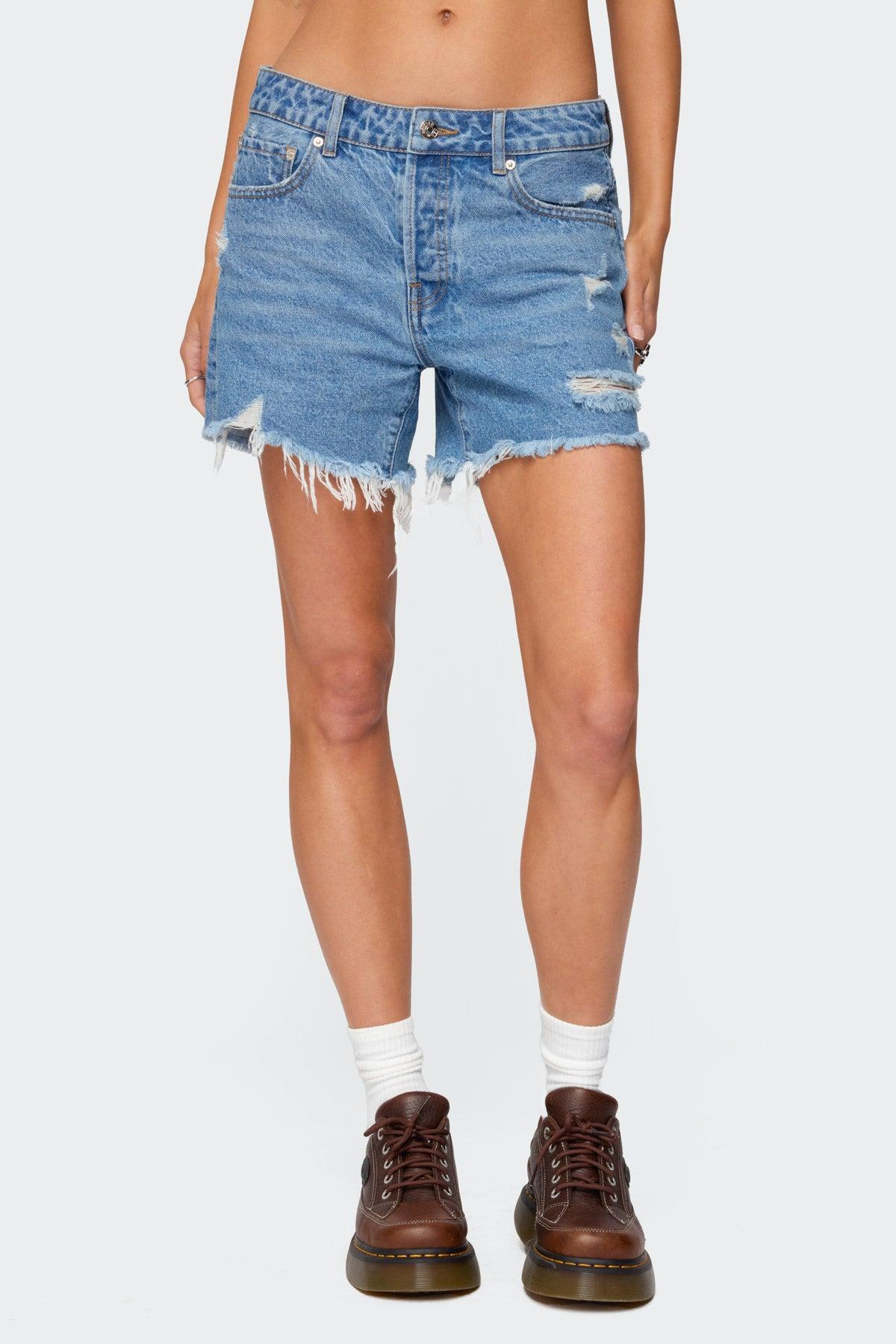 Cale Distressed Low Rise Denim Shorts Product Image