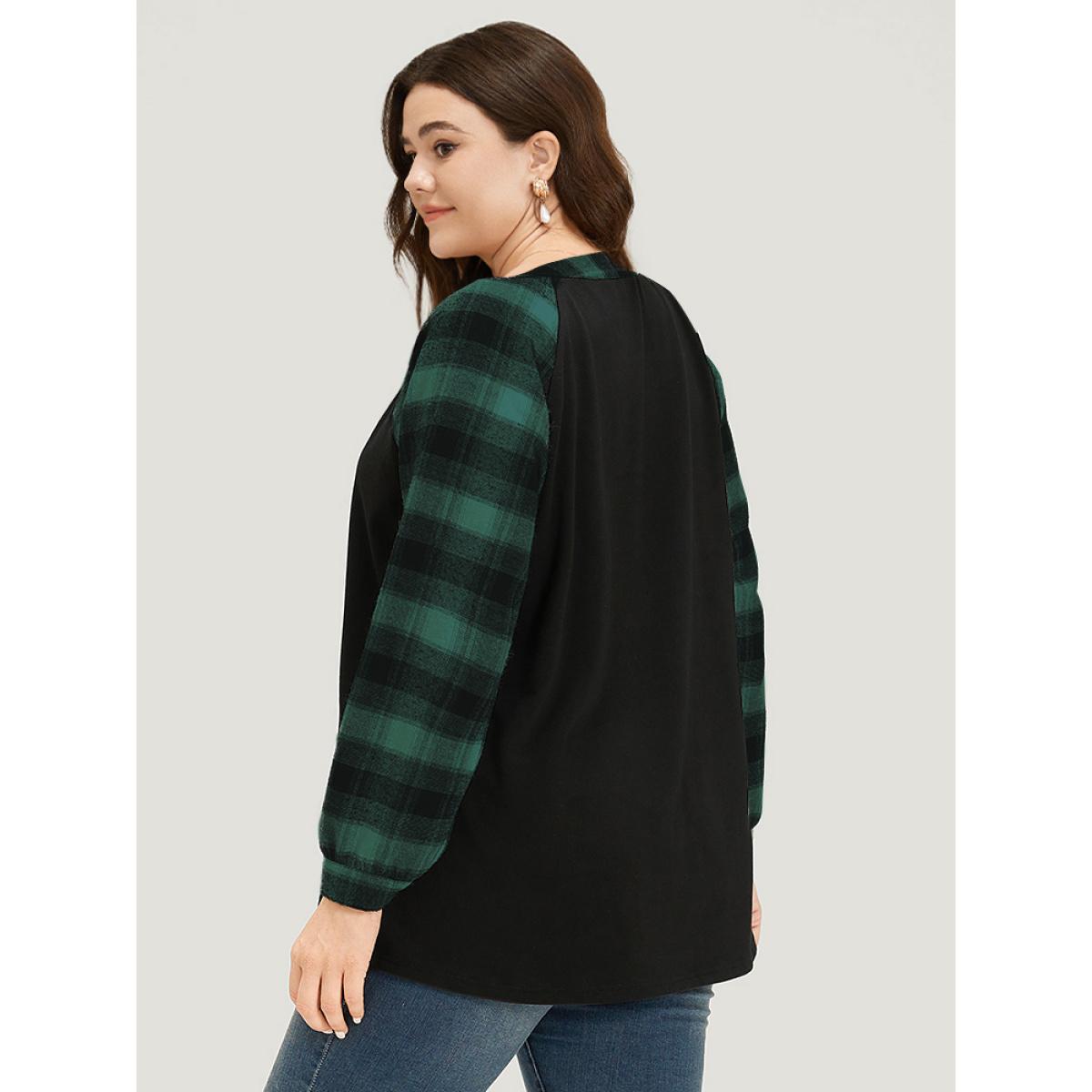 Plus Size Plaid Patchwork Notched Button Detail Sweatshirt Women Green Casual Patchwork Notched collar Everyday Sweatshirts BloomChic 12/L Product Image