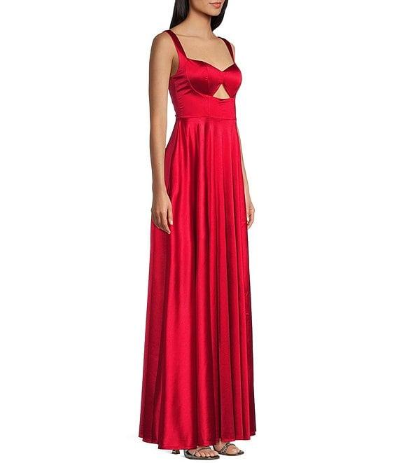 Honey and Rosie Sateen Sweetheart Neck Cut Out Front Slit Lace-Up Back A-Line Gown Product Image