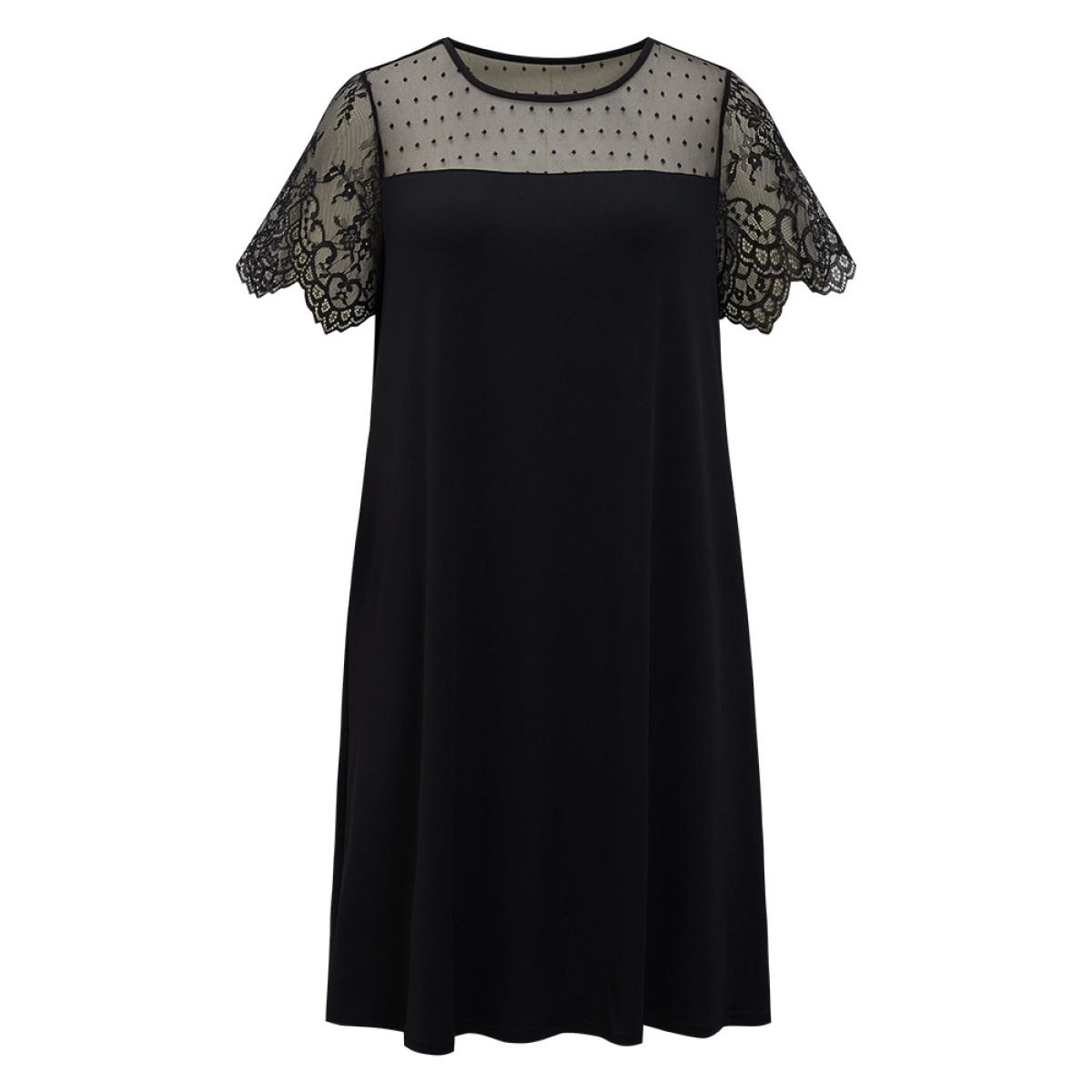 Plus Size Plain Pocket Lace Mesh Patchwork Dress Black Women Elegant Patchwork Round Neck Short sleeve Curvy Midi Dress BloomChic 18-20/2X Product Image