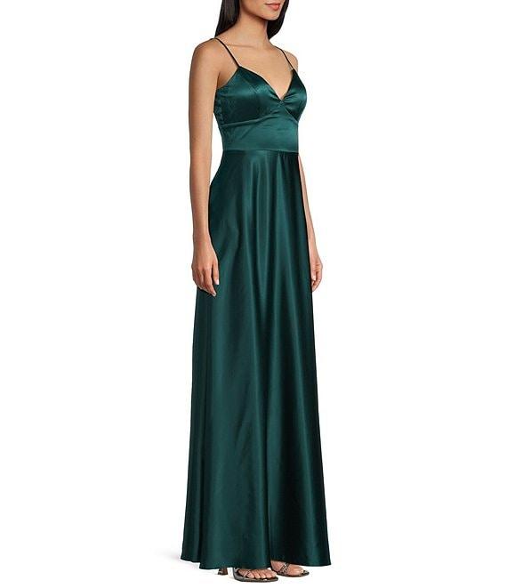 Midnight Doll Sherri Satin V-Neck Spaghetti Strap Tie Back A-Line Gown Product Image