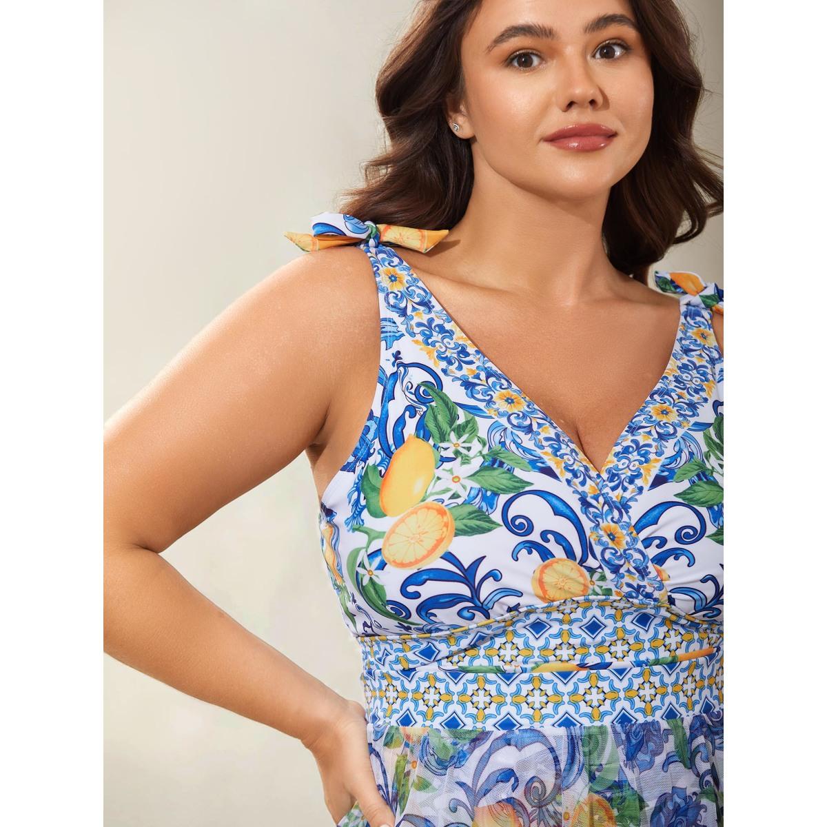 Plus Size Two-Piece Citrus Print Sarong Swimsuit Women's Swimwear Lemonyellow Resort Tie knot Curve Bathing Suits High stretch One Pieces BloomChic 22-24/3X Product Image
